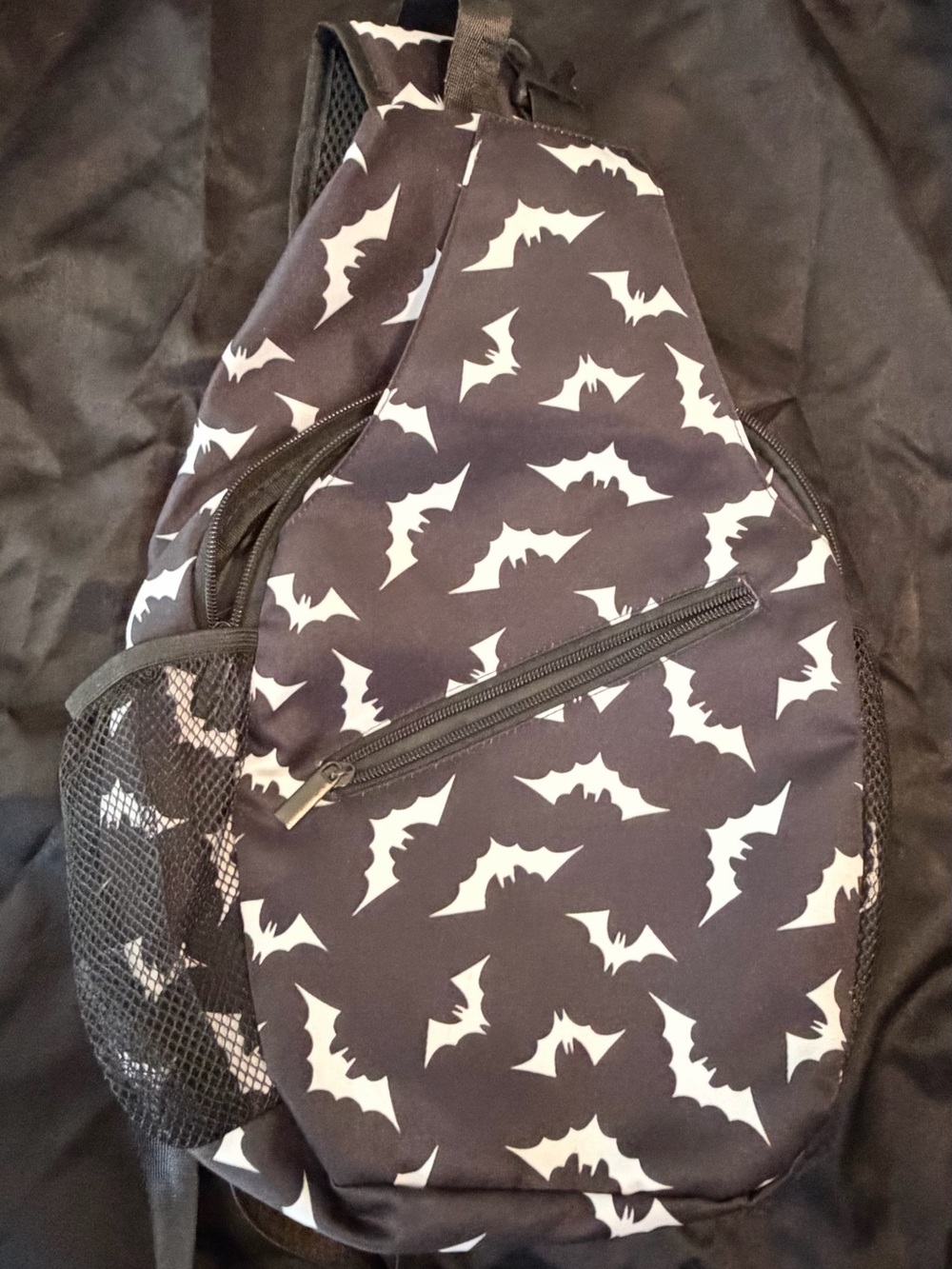 Black and White Bat-Pattern Sling Bag